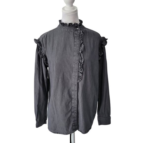 Elan Size S Ruffle Button Up Long Sleeve Blouse Gray Casual Top - Picture 1 of 10